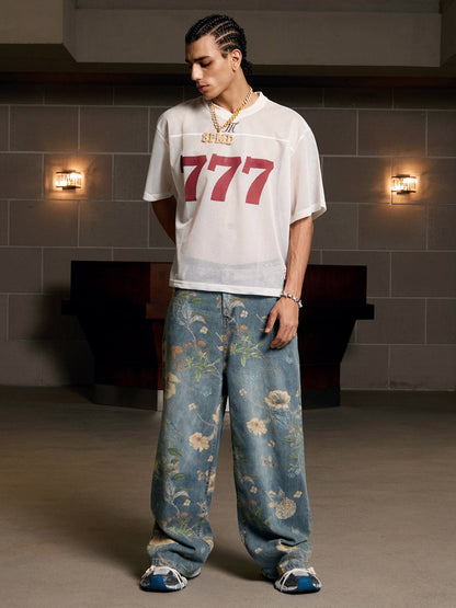 Denim Floral Print Carpenter Jeans - 2237 
