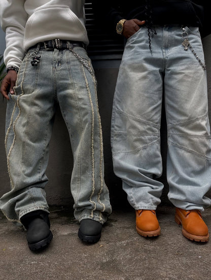 Thesupermade Washed Distressed Raw Edge Baggy Jeans - 2271