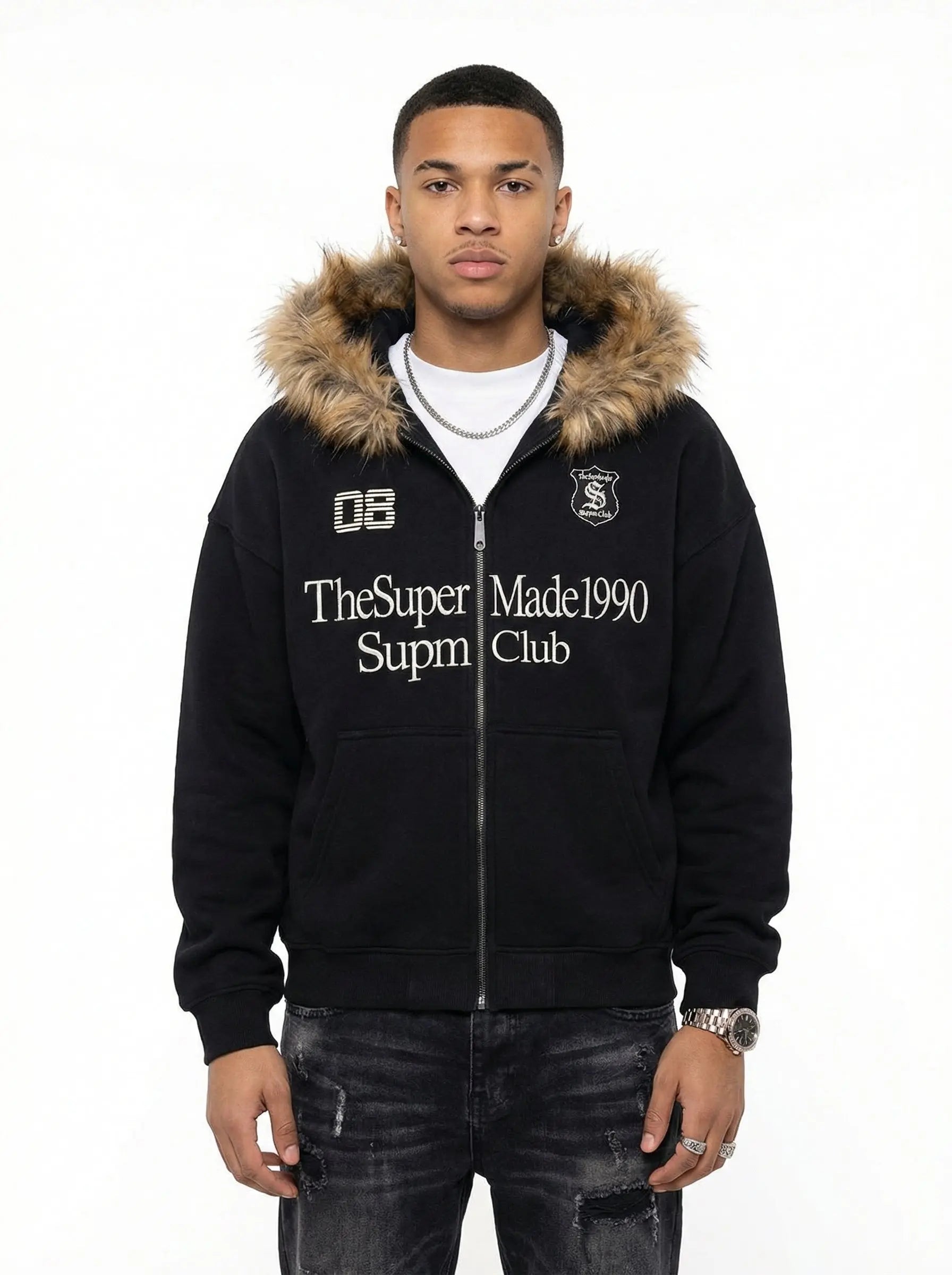 Letter Medal Embroidered Cardigan Fur Collar Zip Up Hoodie- 2502 