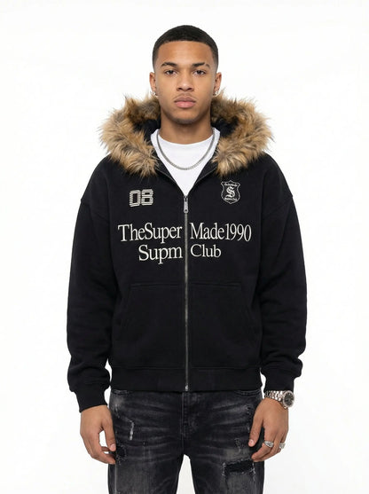 Letter Medal Embroidered Cardigan Fur Collar Zip Up Hoodie- 2502 