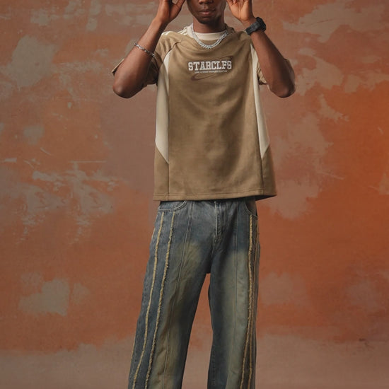 Suede Contrast Color Spliced Letter Embroidery Oversize T-shirt - 2462