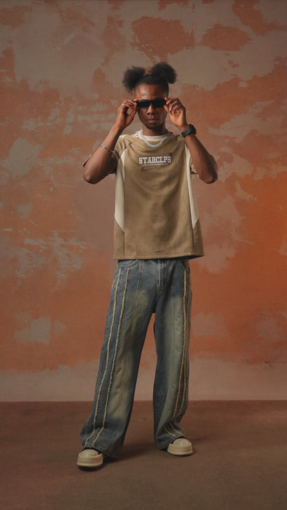 Suede Contrast Color Spliced Letter Embroidery Oversize T-shirt - 2462