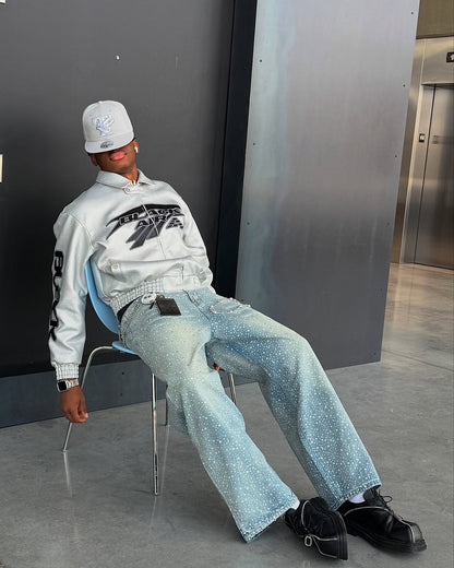 Thesupermade Ink Splashed Hotfix Rhinestone Baggy Jeans - 2306